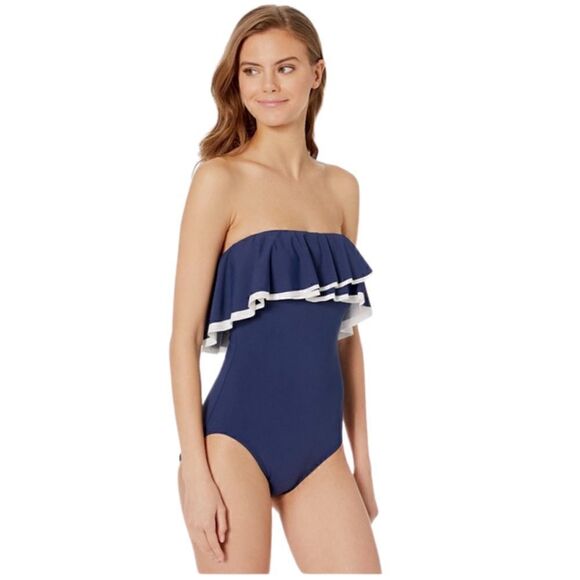 Contours Coco Reef Agate Ruffle Bandeau Bra Sized 1 Piece Swimsuit 12/36C blue - Picture 2 of 10